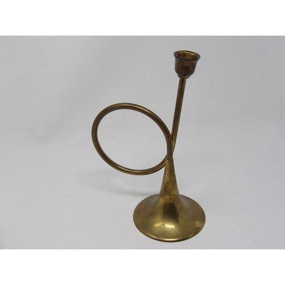 Vintage Brass French Horn Candle Stick Holder 9" H x 4 1/2" W - Picture 1 of 10